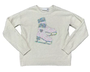 CHILDRENS PLACE Size 16 Ice Skate Sweater Sparkle Sequins Cream Pink Girls - Picture 1 of 4