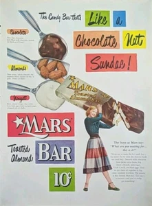 1951 vintage Mars Chocolate Nut Sundae Candy Bar Print Ad, Lady Holding Bar - Picture 1 of 1