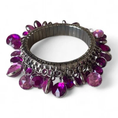 Retro Rosa Morado Estrás Acero Inoxidable Cha Cha Expansión Pulsera Elástica Foto 1 de 4