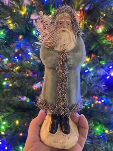 8" Primitive weiche blaue Samt Belsnickle Weihnachtsmann Figur Pappmaché Weihnachten - Bild 1 von 3