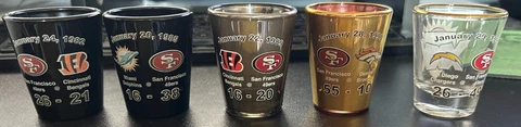 Set of 5 San Francisco 49ers Super Bowl Champions Champs SHOT GLASS ~ RARE Cover