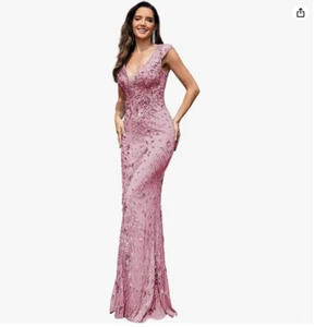 XUIBOL Pailletten Doppel V-Ausschnitt Ärmellos Meerjungfrau Langes Abendkleid (Rosa, XL) - Bild 1 von 4