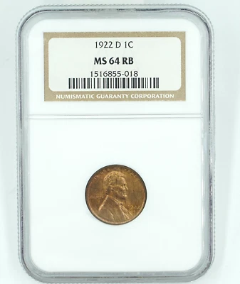 1922-D NGC MS64RB Lincoln Wheat Cent Penny Nice Luster - Image 1 of 3