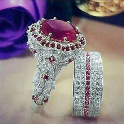 Edwardian Art Deco Style 5Ct Created Ruby Diamonds Halo Ring Set 14K WG Finish - Image 1 of 2