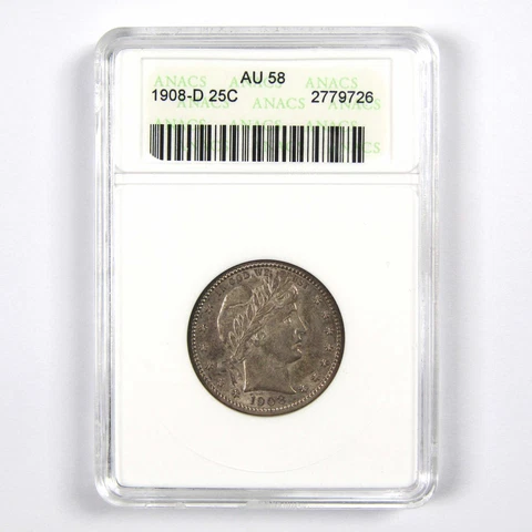 1908 D Barber Quarter AU 58 ANACS 90% Silver 25c Coin SKU:I7758 Cover