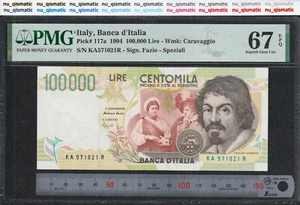 1994 Italy 100000 Lire, PMG 67 EPQ, Superb Gem UNC, Pick# 117a - Picture 1 of 4