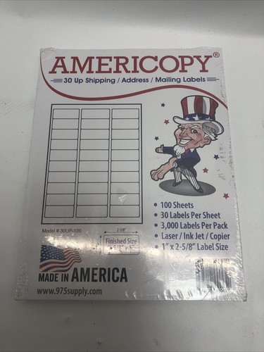 Americopy 3000 Labels. 30 Per Sheet 1”x2-5/8” Label Size 100sheets ...