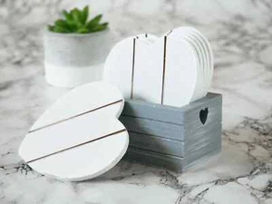 6pc Grey Wooden Heart Coasters & Holder Vintage Shabby Chic Rustic Coffee Cups - Picture 1 of 24