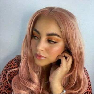 Peluca delantera de encaje ondulado sintético rosa pelucas completas vestido seguro contra el calor para mujer fiesta  Foto 1 de 4