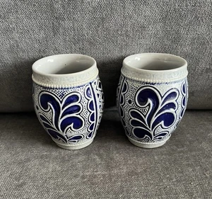 💜 Vintage Marzi & Remy German Cobalt Salt Glaze Pottery mugs Cups Blue Grey - Picture 1 of 4