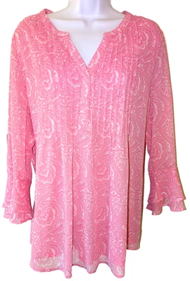Blusa CHARTER CLUB XLarge Rosa Paisley Transparente Gasa Pintuck Volantes Mangas Forrada Foto 1 de 4