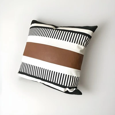 Throw Pillow Cover Faux Leather & Canvas 18" Square Home Decor Hidden Zip New - Image 1 of 4