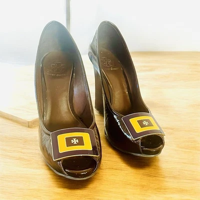 Tory Burch Vintage Women's Brown Patent Leather Wedge Pumps, Size 9.5 - Image 1 of 4