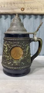 Tazza mug birra vintage originale King Beer in gres, coperchio in latta - Foto 1 di 19
