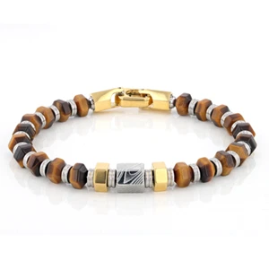 Hexagonal Tiger Eye Stone and Damascus Steel Bead Bracelet With Stainless Steel - Picture 1 of 1