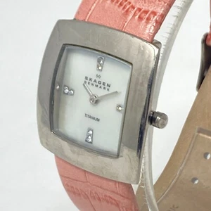 Skagen Slim Watch Women 29mm Silver Tone MOP Dial Pink Leather WR New Battery 8" - Picture 1 of 19