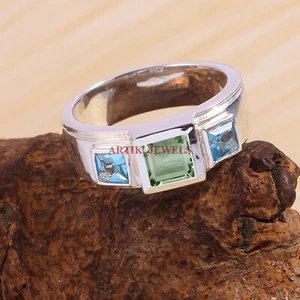 Natural Green Amethyst & Blue Topaz Gemstone 925 Sterling Silver Men's Ring 5729 - Picture 1 of 4