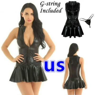 Sexy Womens Lingerie Set Mini Dress Wetlook Leather Bodycon Dress Clubwear - Image 1 of 3