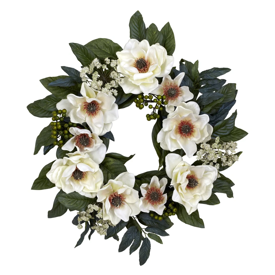 Nearly Natural 22" Magnolia Wreath Realistic Artificial Floral Home Office Decor - Image 1 of 1