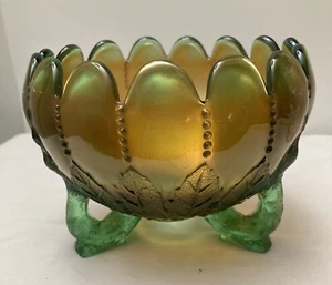 Antique Northwood Bead Leaf Tri Footed Carnival Glass Green Compote - Picture 1 of 5