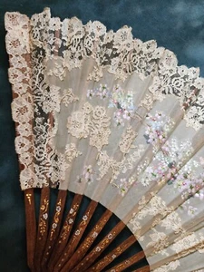Antique Lace and Painted Hand Fan, Ca. 1890s - Picture 1 of 7