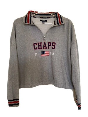 Sudadera corta para mujer CHAPS con cremallera 1/4 bordada bandera de EE. UU. gris talla grande Foto 1 de 4