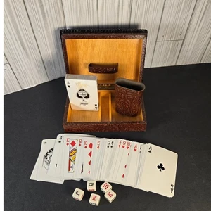 Vintage handbesetztes Leder auf Holz Spielkartenbox Matador Stier Spanien mit Karten - Bild 1 von 13