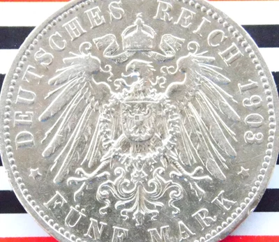GERMAN 5 Mark 1903 A PRUSSIA KAISER WILHELM II 900 Silver Coin EMPIRE WW1 NICE - Image 1 of 4