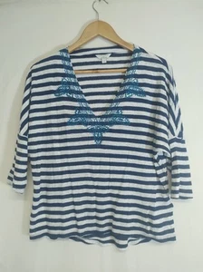 Womens Monsoon 100% Linen Stripe Top Size S White Navy Casual Loose Summer - Picture 1 of 9