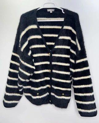 J CREW Striped Sweater Cardigan Womens XXL Brushed Yarn Polyamide Merino Fuzzy - Image 1 of 4