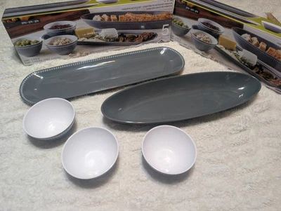 Melamine 5-Piece Gray Serving Set Appetizer Platter + Dip Bowls Dishwasher Safe - Image 1 of 4