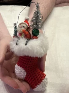 G217+Vintage Christmas Genny Handmade RED Stocking SANTA Assemblage Ornament - Picture 1 of 7