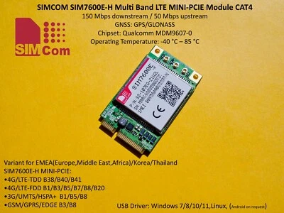 SIMCOM SIM7600E-H CAT4 4G/LTE USB 150Mbps EMEA MDM9207 compatibile Victron Gx