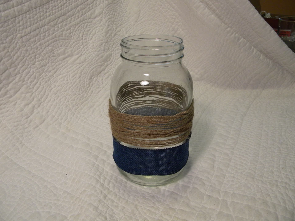 Qt. Mason Jar with burlap, some with burlap and blue ribbon and some with coral - Image 1 of 1