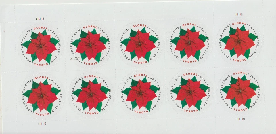 Sheet of 10 Global Poinsettia Stamps $1.70 domestic/international postage - Image 1 of 1