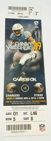 2016 Tennessee Titans San Diego Chargers NFL Football Ticket Los Angeles Cover
