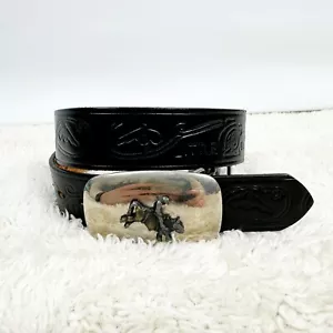 Black Little Deputy Leather Belt Silver Bucking Bull Cowboy Buckle Boys Size 26 - Picture 1 of 6