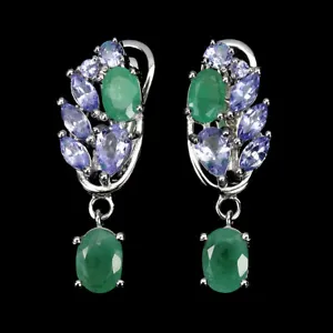 Unheated Oval Emerald 7x5mm Tanzanite 925 Sterling Silver Earrings - Picture 1 of 10