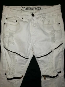 Mens 30/32 White Ultra Slim Argonaut Nation Distressed Zipper Accents Jeans - Picture 1 of 10