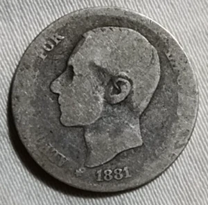 ESPAÑA 1 Peseta Alfonso XII 1881 Plata 0.835, 5g, ø 23mm KM# 686 - Imagen 1 de 2