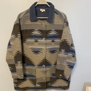 Ott Southwestern Aztec Jacket Sz M / L Shacket Blanket Gray Blue Button Front - Picture 1 of 5