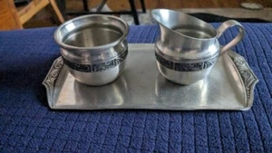 Norsk Tinn Pewter Cream & Sugar With Tray Set 2” Height 8” Length Tray - Picture 1 of 4