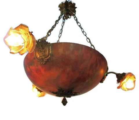 Art Nouveau Pendant Chandelier Alabaster Amber Flower Shades 4 Lights Ormolu Cover