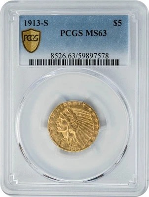 1913-S $5 Gold Indian MS63 PCGS 949825-37 - Image 1 of 4