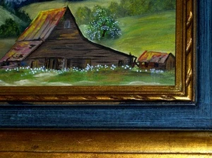 ORIGINAL Cabin Barn Mountain Landscape Blooming Trees Vintage Canvas Painting - Picture 1 of 12