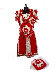 Crochet Vintage Red White Flower Top Skirt Bag Henrietta Tanuska Beverly Hills - Picture 1 of 24