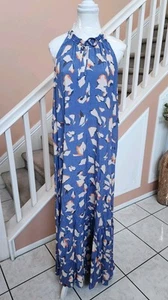 NWT NINE WEST Blue Floral Halter Keyhole Neck Sleeveless Long Maxi Dress XL - Picture 1 of 12