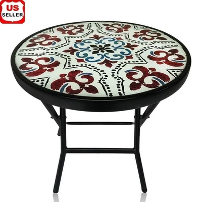 Folding Steel Table W/ Glass Top Indoor Outdoor Durable Portable Design New - Image 1 of 4