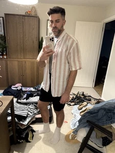 Men’s Pull & Bear Casual Summer Shirt - Pink/White - Large - Linen Blend - Picture 1 of 1