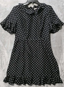 Traffic People Women's Mini Dress L Black Polka Dot Ruffles Retro Silk Blend - Picture 1 of 10